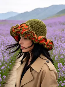 Adult Handmade Crochet Hat with Large Wood Ear Flaps, Ruffled Flower Trim, Leaf Edge Design, Perfect for DIY Crafting Projects