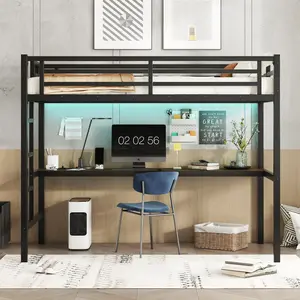Metal  Loft Bed with Power Outlet and LED Lighted, Space-Saving, Noise Reduced