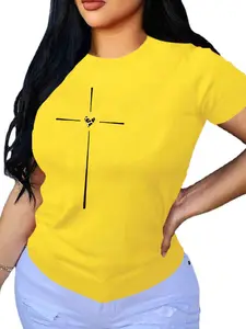 Women's Cross Print Round Neck Tee, Casual Short Sleeve Crew Neck T-shirt for Daily Wear, Ladies Clothes for All Seasons, Top