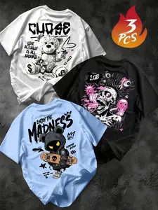 3 Pack Men's Streetwear T-Shirt Set, Graffiti, Cartoon, Love Graphic Tees, Hip Hop Street Art Short Sleeve Tops, "Enjoy the Madness" & Skeleton Print Casual Shirts, Skateboard Aesthetic Tee Pack for Teen Boys & Men, 2026 Summer Value Set