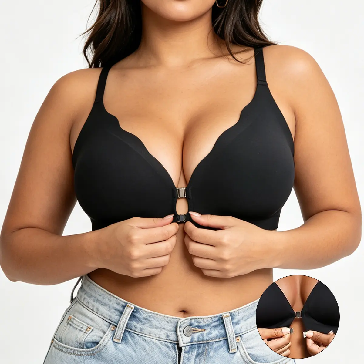 Women's Magnetic Front Closure Jelly Bra - Wirefree Deep V Bralette with Adjustable Racerback Straps, Stretchy Fabric, Perfect Fit, Seamless Essential Everyday Underwear, Basic, Lightweight, Smooth, Soft, Hand Wash, Basics, V-Neck, Elastane, Plain, Afford