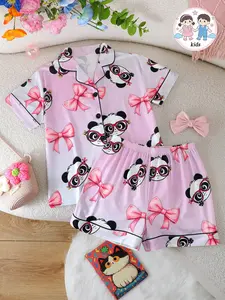 Girls' Casual Animal Pattern Sleepwear Set, Short Sleeves & Loose Fit Design, All-Season Wearable Comfortable