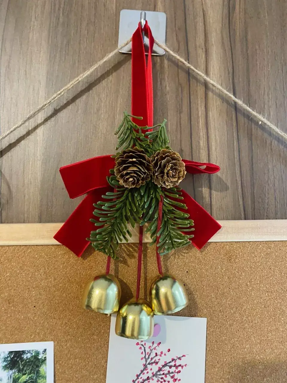 Christmas Door Hanging Ornament with Bells, Red Bow and Pine Branches, Rustic Holiday Home Decoration
