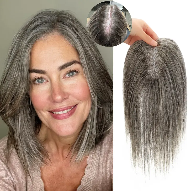 Vasilia Women's 100% Remy Soft Human Hair Topper, 10/14in Clip On Natural Straight Glueless Piece for Thinning Short Hair, Breathable Swiss Base, Sohochic