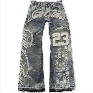 StreetwearVintageBlueJeansY2KClothesMenHipHopLetterPatchEmbroideryVintageBlueBaggyJeansMidRiseWideLegTrouser