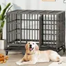 Walsunny 37/47 inch Heavy Duty Steel Dog Crate for Large Dogs with Lockable Wheels and Double Door Design, Escape Proof, Indestructible, Black Enclosure
