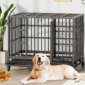 Walsunny 37/47 inch Heavy Duty Steel Dog Crate for Large Dogs with Lockable Wheels and Double Door Design, Escape Proof, Indestructible, Black