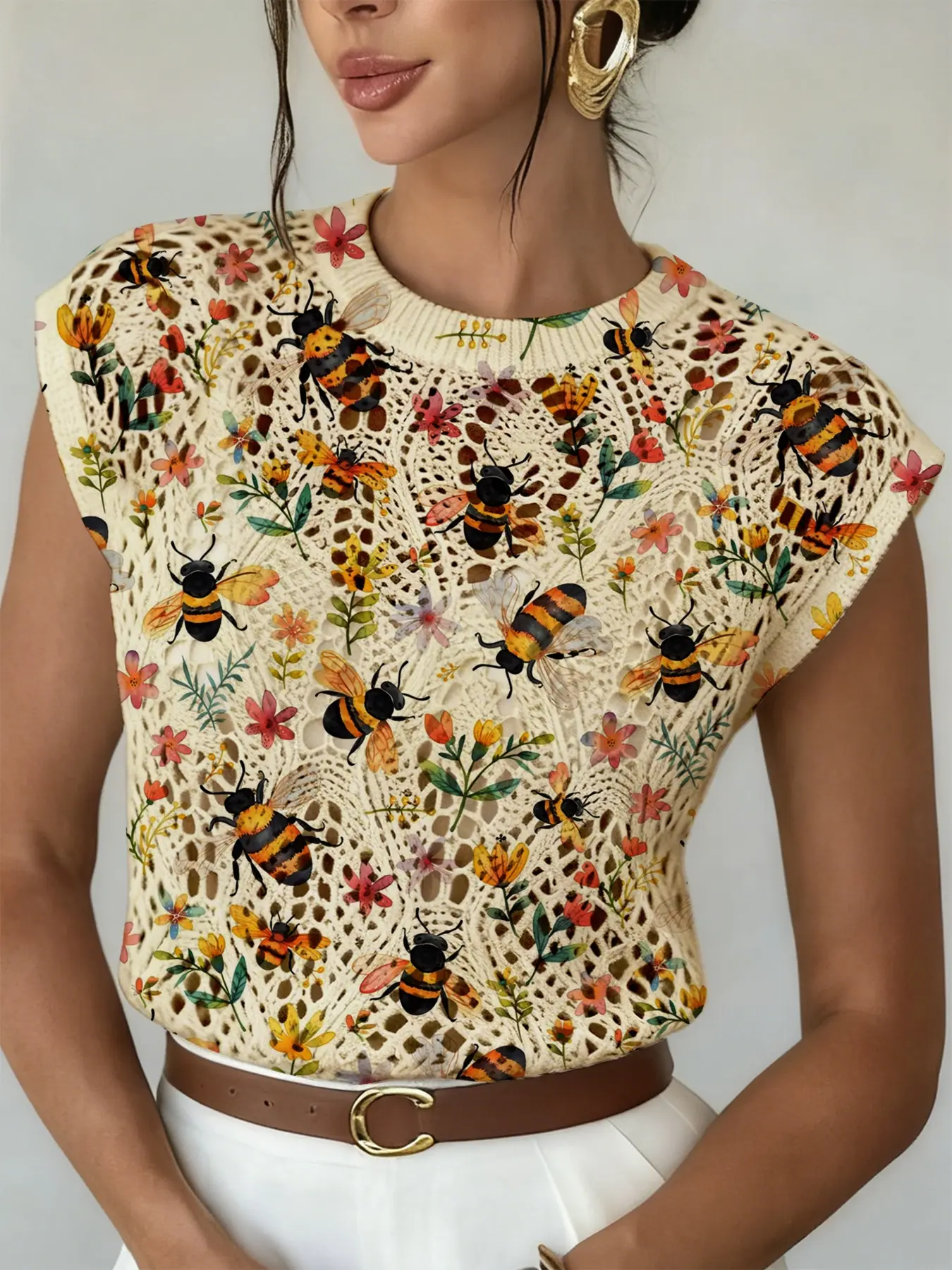Elegant Women's Vintage Bee Animal Floral Print Round Neck Sweater, Spring Summer Fall Casual Sleeveless Knitwear, Breathable Daily Wear
