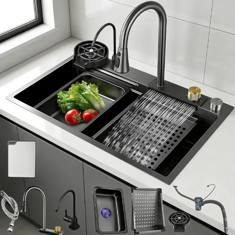 31.5x18x9" Modern Industrial Rectangular Stainless Steel Drop-In Single Bowl Matte Gray Waterfall Kitchen Sink Set, Waterproof Pull-Down Flying Rain Mixer Faucet, Drain Assembly & Installation Components