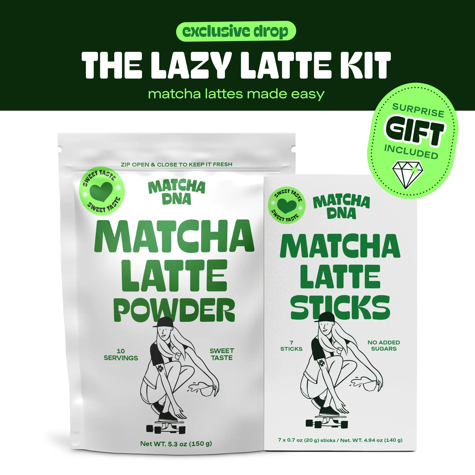 Bundle 1: the lazy latte kit: Matcha latte 17.6 oz Bag, Matcha latte 7-sticks, extra surprise Gift