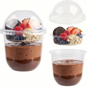 9oz/12oz 50 Sets Disposable Plastic Cups with Cross Lids Double Wall for Yogurt Dessert Cake Cold Drinks Flat Bottom Clear Material Bulk Quantity Versatile Use