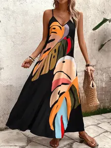 Women's Plants Print Dress, Casual Sleeveless Long Dress for Holiday Vacation, Bohemian Ladies Summer Clothes, Womenswear, Casual Dresses, Boho Bohemian Dress