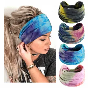 STGDAK Boho Headbands for Women Fashion Stretch Wide Hair Bands Tie Dye Knoted Turban Head Bands Yoga Running Sweatband Elastic Headband Stylish Wrap Headbands Hair Accessories for Teen Girls 4 Pack