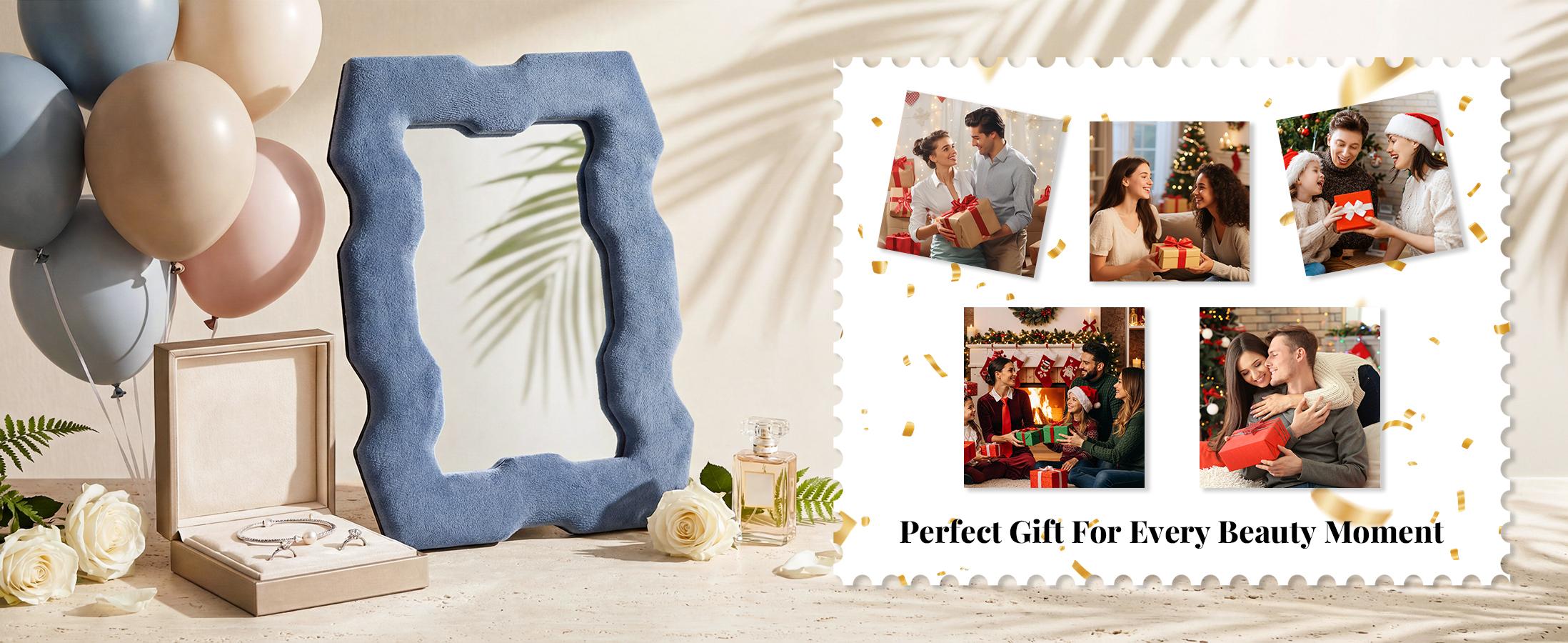 Chic Irregular Wavy Mirror –Modern Blue Decorative Mirror Decor for Vanity, Office & Living Room