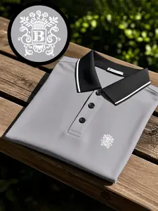 Men's quick-drying polo shirt short-sleeve with decorative letter B print design, breathable and comfortable for sports wear, colorfast, full-body fitting cut, sweat-absorbing, non-sticky to the body, and durable craftsmanship.