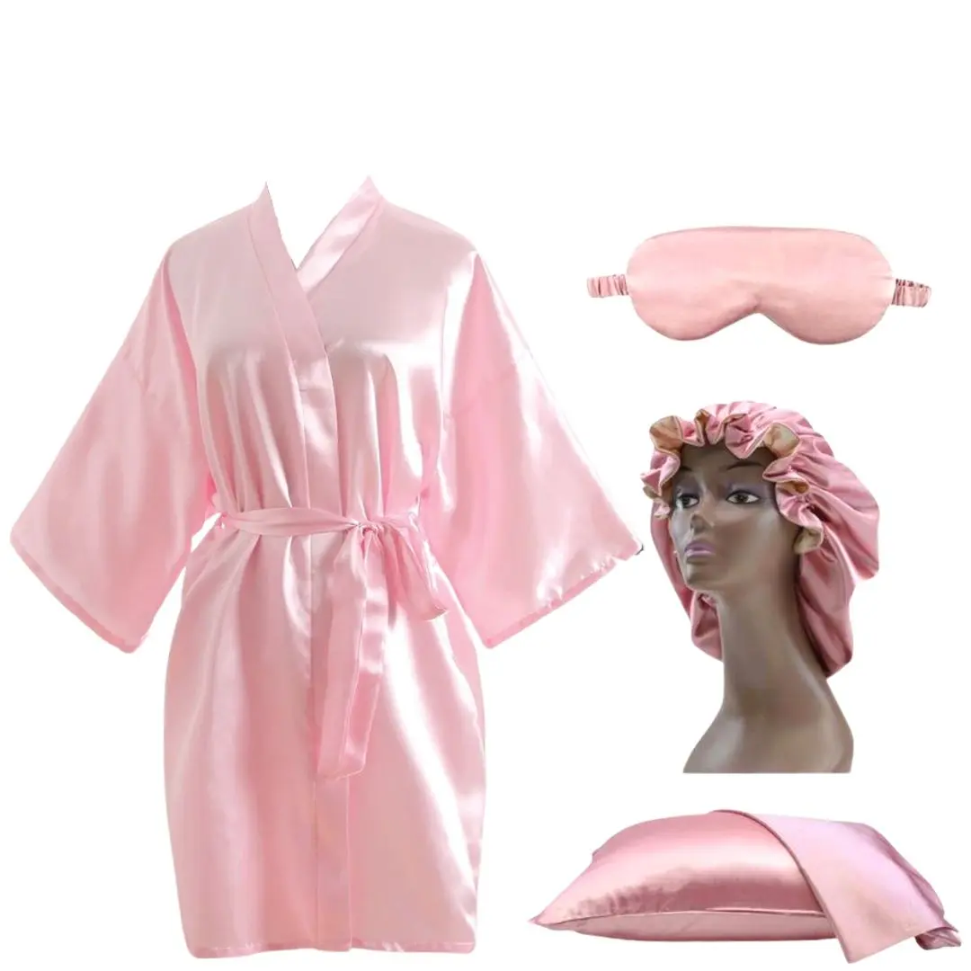 Women's Luxury 5 pc Silky Satin Self Care Gift Robe Set- Complete Matching Bundle with Reversible Bonnet, pillowcase Sleep Mask Day or  Nightwear comfy  robe