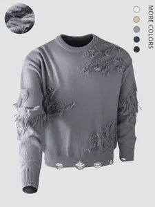 Men's Ripped Drop Shoulder Crewneck Sweater, Casual Fitted Knitwear for Fall & Winter, Unisex Fashionable Daily Wear Pullover