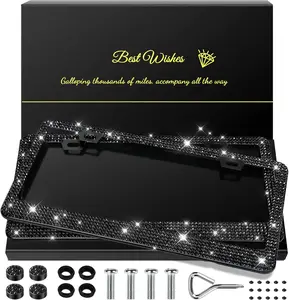 2 Pack Bling License Plate Frames for Women, Sparkly Rhinestone Diamond Car Accessories with Glitter Crystal Caps (Black)