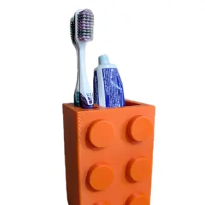 Orange Building Block Style Toothbrush Holder with 3 Compartments for Toothbrushes and Toothpaste Organizer