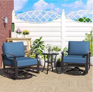 Kullavik 3 Piece Patio Outdoor Aluminum Metal Swivel Rocking Chair with 1 Coffee Table and 2 Khaki Padded Cushions Outdoor Metal Swivel Rocking Chair Furniture Conversation Set for Porch Garden