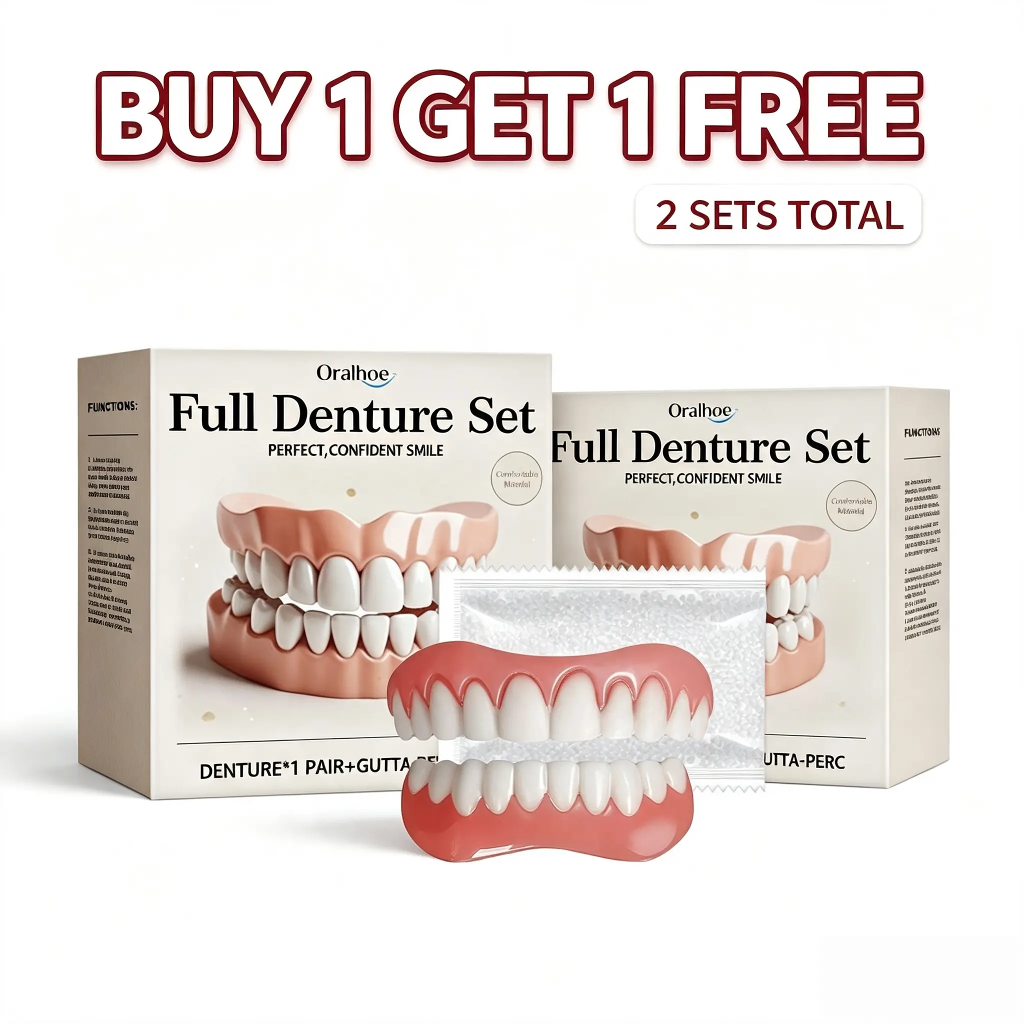 Don’t miss Oralhoe Cosmetic False Teeth Kit! Soft removable covers create instant natural smiles for daily outings. Buy 1 Get 1 Free to get two sets. Important note: This kit only secures loose dentures, not wearable as brand-new dentures.