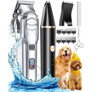 Dog Grooming Kit for Heavy Thick Hair, with Stainless Steel Blade and Paw Trimmer, Low Noise Rechargeable Cordless Waterproof Dog Clippers for Grooming Animals&Pets