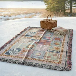 Yarn Woven Picnic Blanket with Tassel: Spliced Geometry Pattern, Soft and Breathable, Multi Purpose for Travel Camping Shawl Beach Towel Lawns Weddings Concerts. Indoor Bohemian Decoration and Used As Bed Blanket Sofa Towel Tablecloth Tapestry Yoga