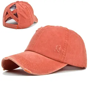 Criss Cross Ponytail Cap for Women - Adjustable High Bun Baseball Hat, UPF50+ Sun Protection, Washed Cotton