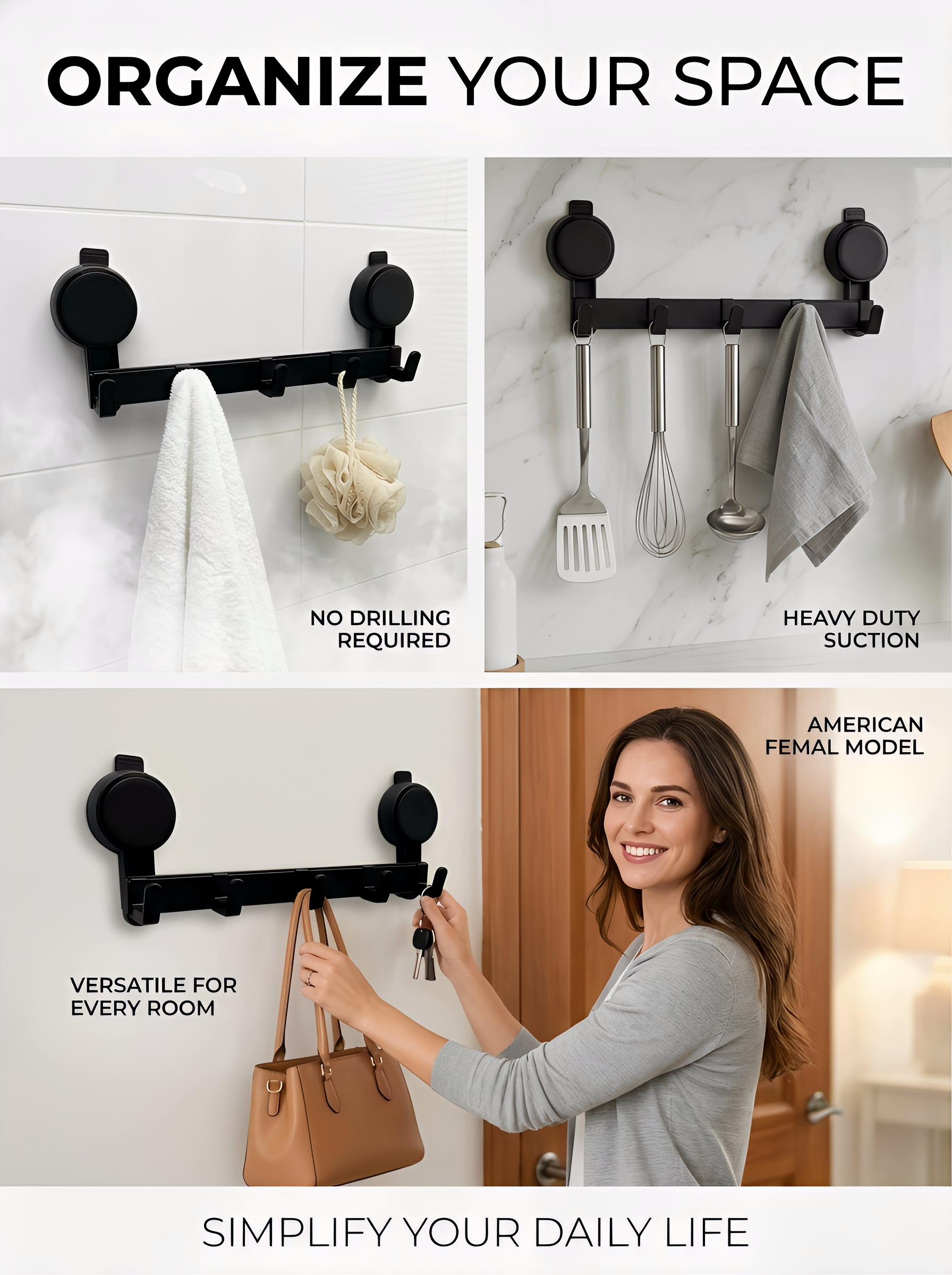 Suction Cup Hook Rack No Drill Heavy Duty Organizer Waterproof Wall Mount Hooks for Bathroom Kitchen Modern Elegance Drill-Free Design Super Heavy Duty Suction Power Removable Reusable