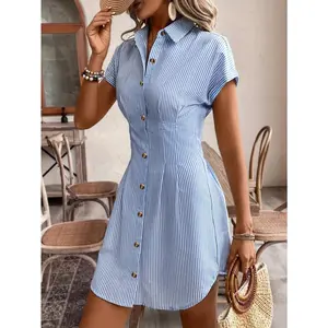[Elegant French Style Shirt Dress] Light Pastel French Style Waist Elegant Striped Short Sleeve A-Line Shirt Dress Women -Comfortable Polyester Button
