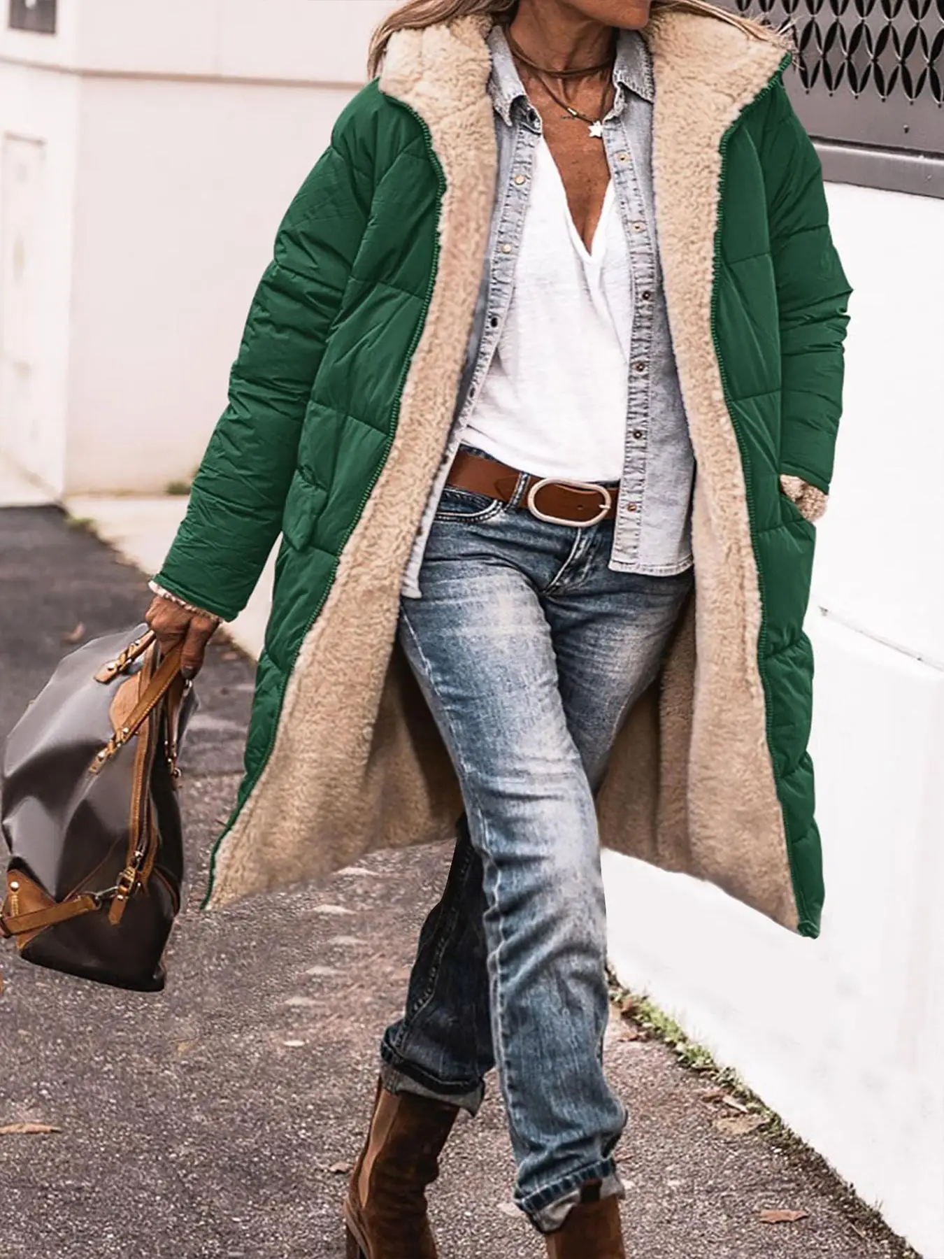 【Plus Size】 Women's Solid Pocket Zipper Reversible Thermal Lined Hooded Winter Coat, Casual Jackets, Long Sleeve Outerwear for Daily Outdoor Wear, Wom