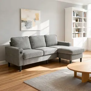 light grey color knock down 3-seat combo sofa with storage ottoman for living room apartment bedroom and compact room, Upholstered sectional Couch, L Shaped Bench with a footrest, a individual storage