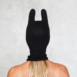 SOCKY BLACK BALACLAVA -Snowboard Mask -Stuffed Ears Ski Mask -Bunny Halloween Animal Mask-Handmade Cotton Knit Balaclava -Festival Beanie