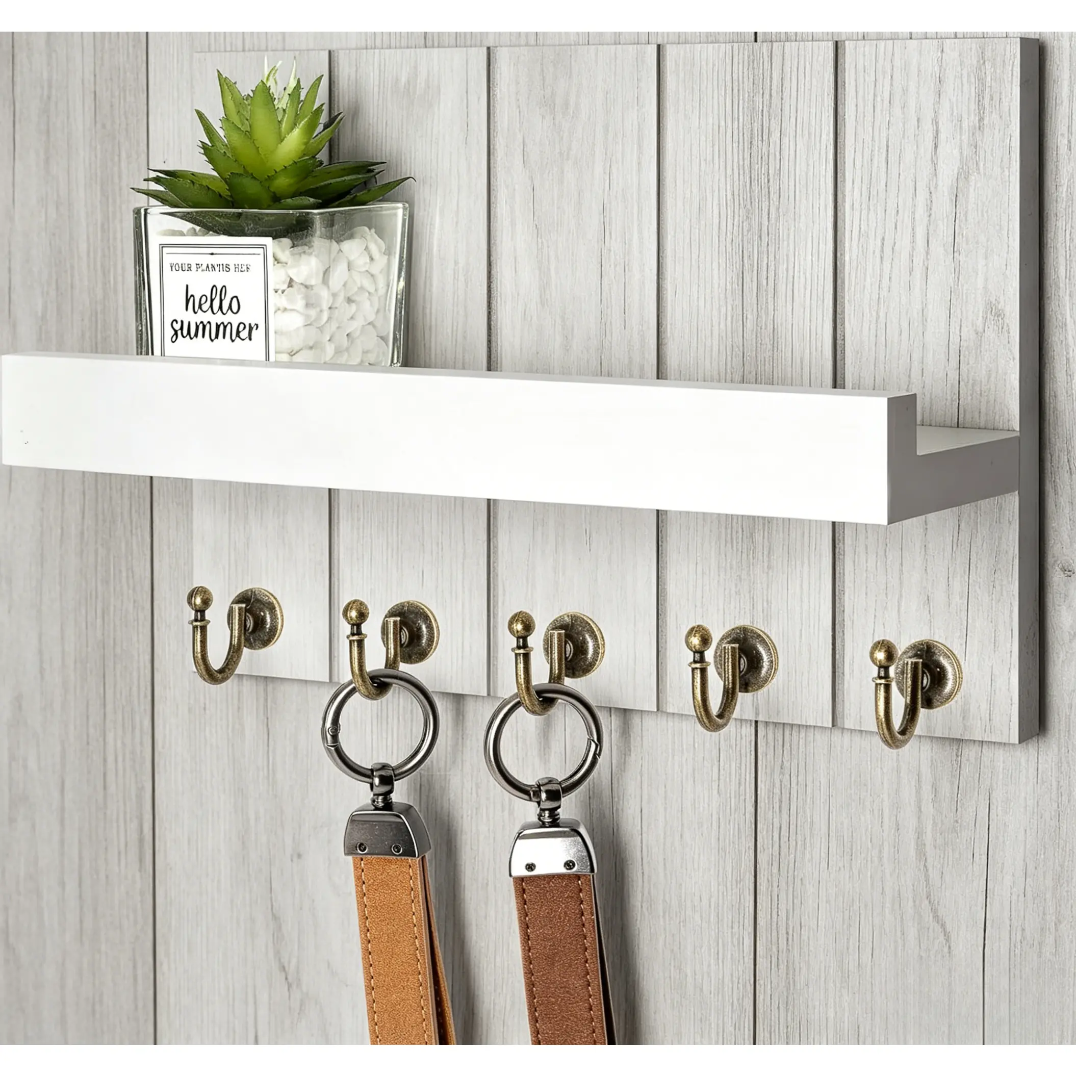 Rustic White Acacia Wood Wall-Mounted Key Holder with 5 Hooks - Modern Rustic Decorative Mail Organizer for Keys Storage, Easy Installation, Farmhouse Home Living Room Essentials (3.54"D x 10"W x 7.28"H)