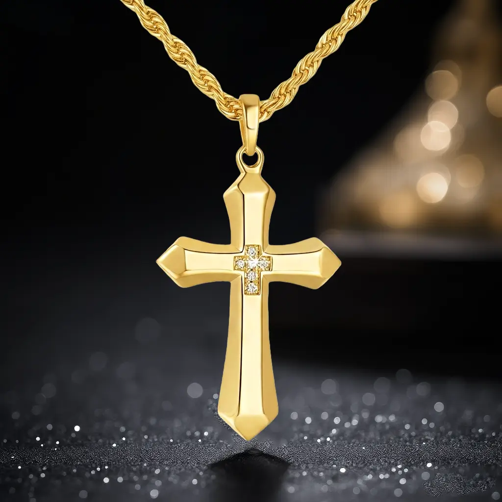 Mens Cross Necklaces Gold Silver Tone, Stainless Steel Geometric Crosses Pendant for Men with Cubic Zirconia, Sharp Lines Sleek Christian Chain Jewelry  Halo Accessories"