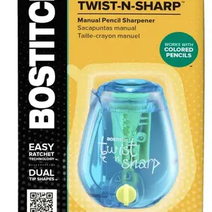 Bostitch Twist-n-Sharp Manual Pencil Sharpener for Kids Blue Easy Ratchet Technology Dual Tip Shapes Works with Colored Pencils pack of 3