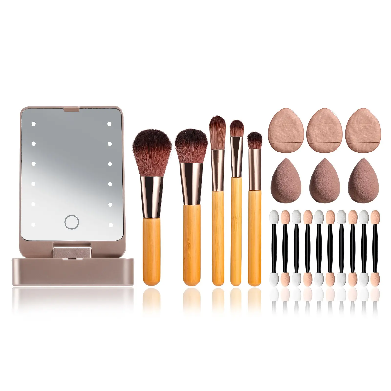 Portable Makeup Tool Set with LED Mirror, 360° Rotating Organizer, Makeup Brush Holder, USB Powered Beauty Brushes and Sponges, Ideal for Travel and Gifts