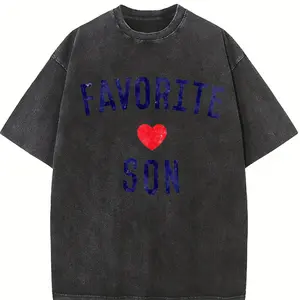 Men's 230g Combed Washed Cotton T-Shirt Suitable for Summer, Breathable Short-Sleeve Crew Neck Top with Favorite Son Print, Lightweight Shrink-Resistant Suitable for Casual Wear,, Parties, Father's Day Gift for Dad