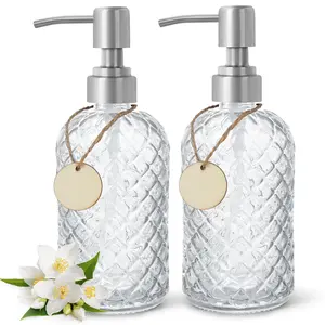 2 Pack Gem-Patterned Glass Soap Dispenser with Rust Proof Stainless Steel Pump-13 oz Liquid Hand Soap Dispenser for Kitchen & Bathroom,Great for Lotions, Essential Oil, Liquid Soaps-Clear