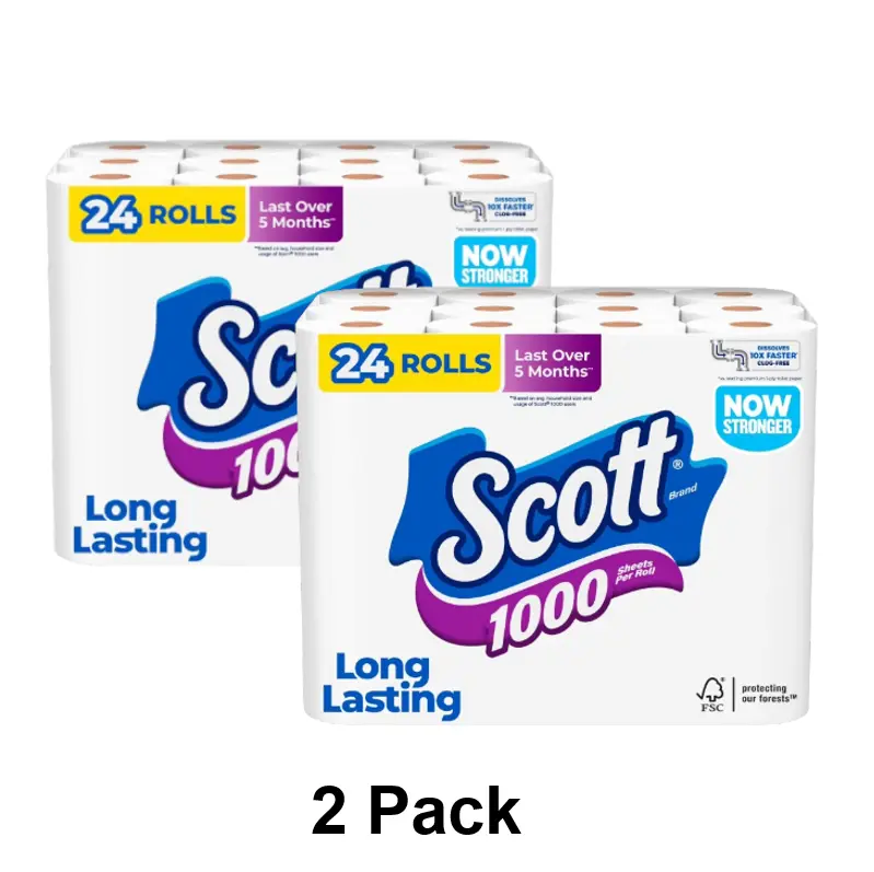 Scott 1000 Toilet Paper, 24 Rolls, 1000 Sheets per Roll Pack Disposable Tissues, 2 Pack