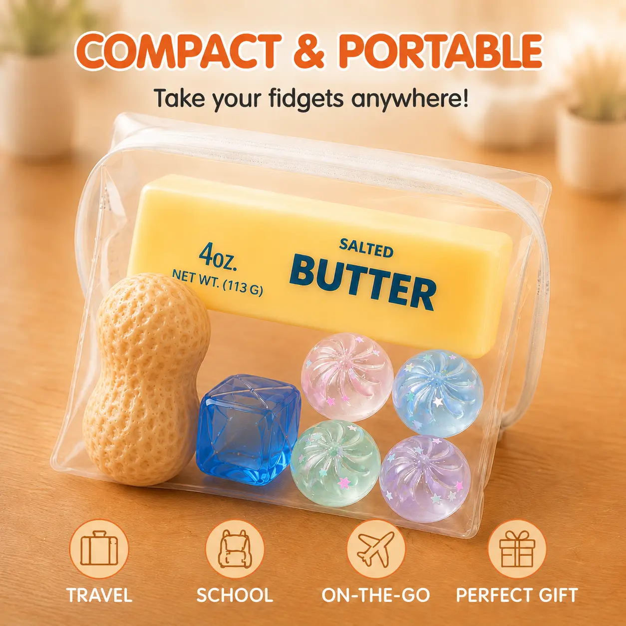 4-in-1 Fidget Toy Gift Set | Butter Squishy, Peanut Squishy, Gem Cubes & Sensory Balls with Portable Storage Bag