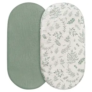 Muslin Bassinet Fitted Sheets, 2 Pack for Baby Boy and Girl, Soft Breathable Stretchy Baby Pad/Mattress Sheet Set, Universal Fit for Hourglass Oval and Rectangle Bassinet Mattress