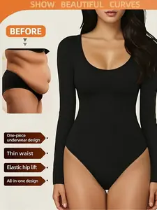 1pc Women's Autumn/Winter Ribbed Lightweight Warm Bodysuit Underwear, Seamless Long Sleeve Round Neck Design, Comfortable Fit with Soft Stretch Fabric, Perfect for Daily Wear