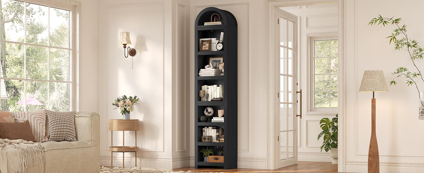76" Tall Narrow Arched Wooden Bookshelf - 7-Tier Modern Curved Slim Space Saver Storage Cabinet with Adjustable Custom Shelf Fit for Home Library, Living Room, Storage Organization