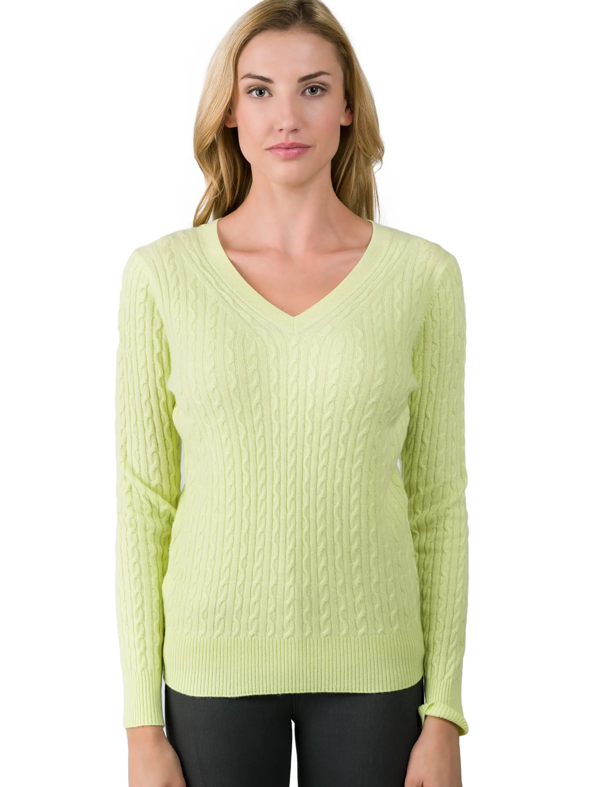 J CASHMERE By JENNIE LIU Women's 100% Cashmere Long Sleeve Pullover Cable-knit V-neck Sweater