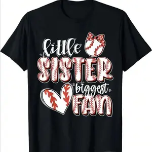 Baseball Little Sister Biggest Fan Sister Baseball Lil Sis T-Shirt 100% Cotton Girls' Round Neck Boys' Kids T-Shirt Short Sleeve T-Shirt Boys Girls T-Shirt