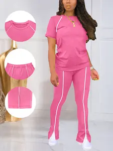 Women's Summer Round Neck Short Sleeve Fitted Pants Set Outfit, Classic Solid Color Casual Wear Lightweight, Striped Sleeve Design for Relaxed Style Womenswear