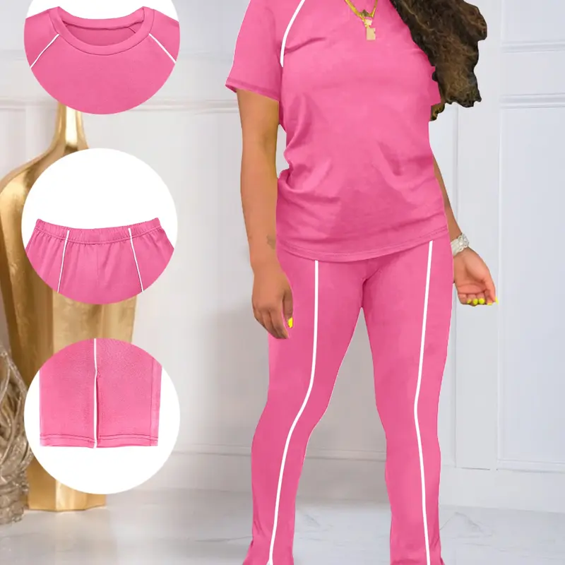 Women's Summer Round Neck Short Sleeve Fitted Pants Set Outfit, Comfy Summer Sets, Summer Knit Set, Stretchy Outfit Sets, Classic Solid Color Basic Casual Wear Lightweight Clothes, Striped Sleeve Design for Relaxed Style, Casual Everyday Set, Womenswear