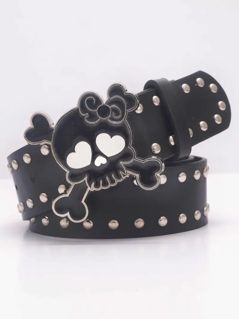 Skull Design Pu Leather Belt, Punk Style Rivet Decorated Belt for Women & Men, Fashion Belt for Party, Daily Clothing Decor, Exquisite Belt for Birthday Gift