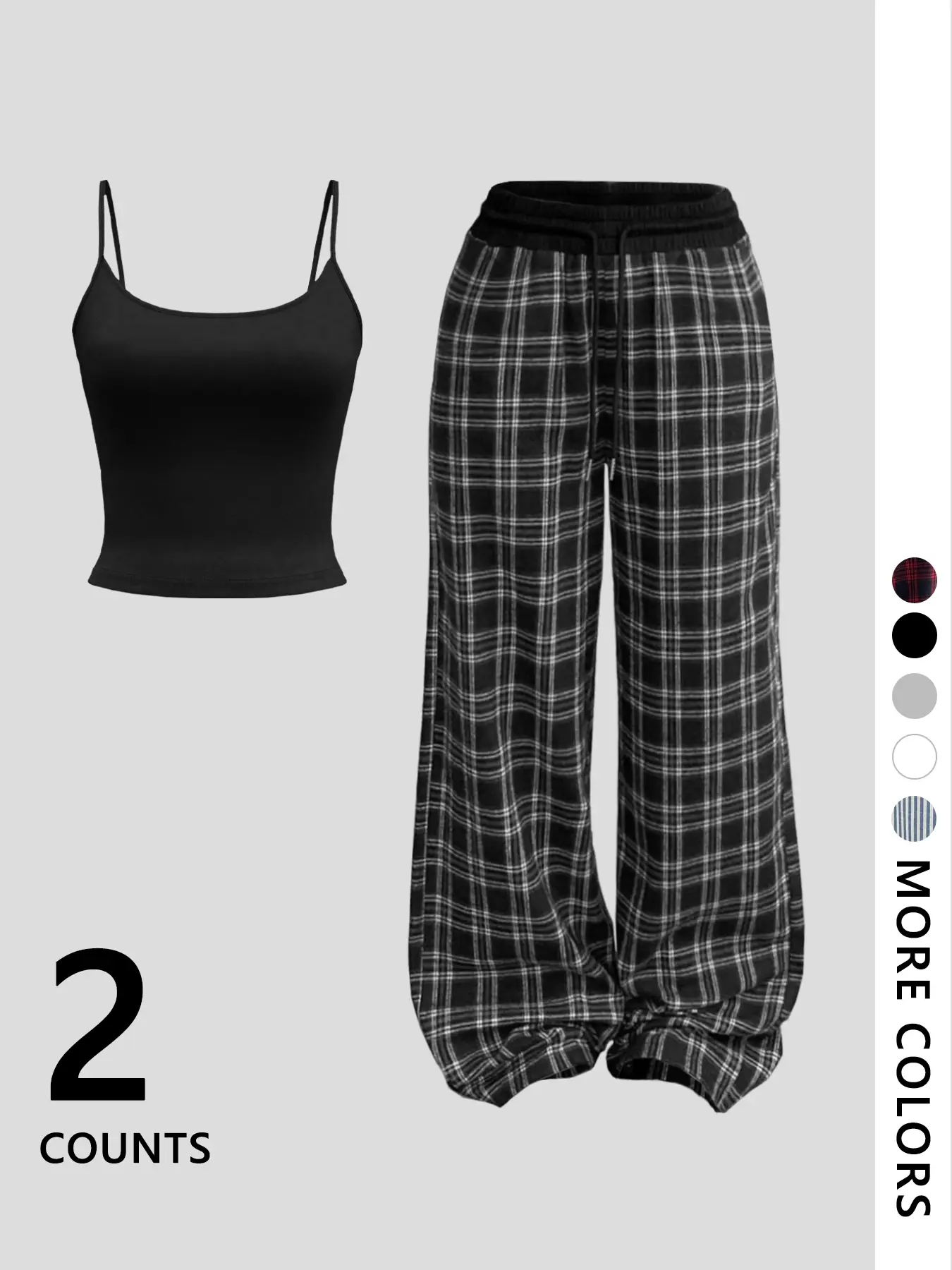 Two-Piece Set Women's Plain Crop Tank Top & All Over Plaid Print Pants, Casual Fashion Cozy for Daily Outdoor Wear, Ladies Clothes for All Seasons, Su